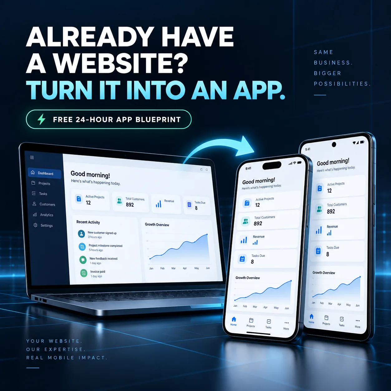 A working SaaS product moving from a laptop to polished mobile apps